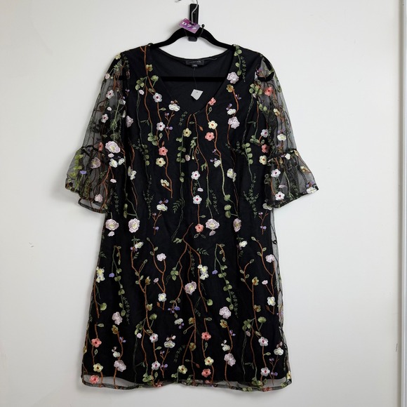 Spense Dresses & Skirts - Spense NWT Black Floral Embroidered Mesh Bell Sleeve Dress Women's Size 10